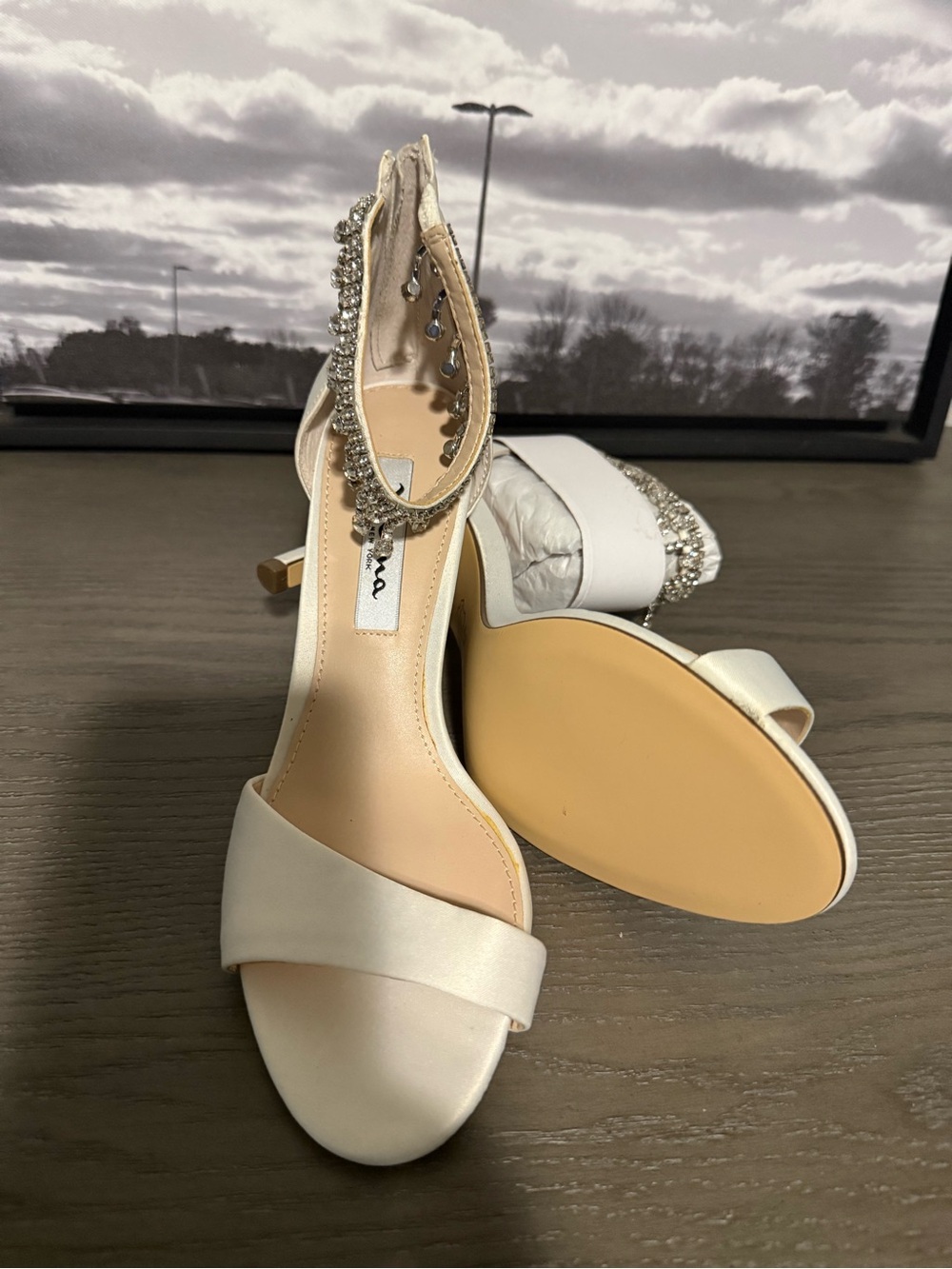 Satin Open-Toe Ankle-Strap Heels with Crystal Embellishment - Ivory
